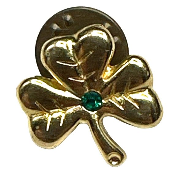 Gold Tone Irish Clover Green Gem Lapel Pin Trading Pin Irish Blessing St. Patric - Picture 1 of 5